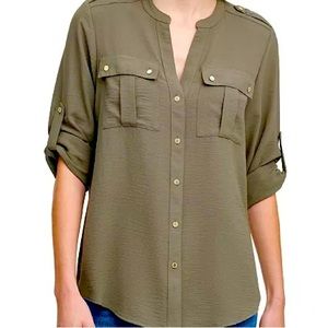 G by Guess Olive Button Down Utility Women Shirt Top